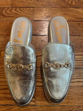 Sam Edelman Metallic Gold Slip-On Mules with Chain Accent
